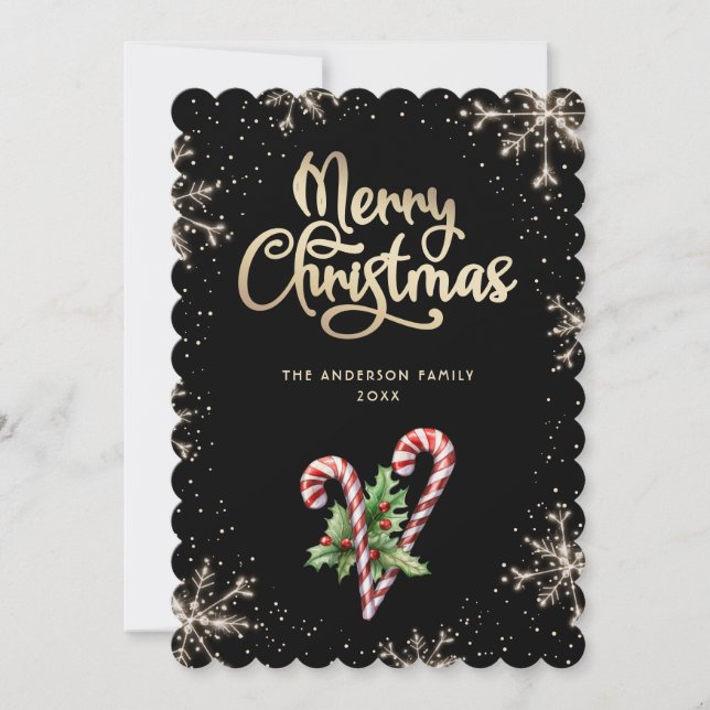 Tarjetas de Navidad negras con bayas de acebo y ba (Anverso)