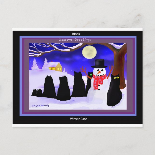Tarjetas de Navidad para gatos de invierno negros (Anverso)
