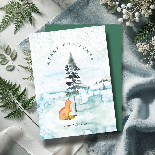Tarjetas de Navidad personalizadas de granja encan (Christmas cards watercolor fox and pine tree winter scene by Victoria Grigaliunas Do Tell A Belle)