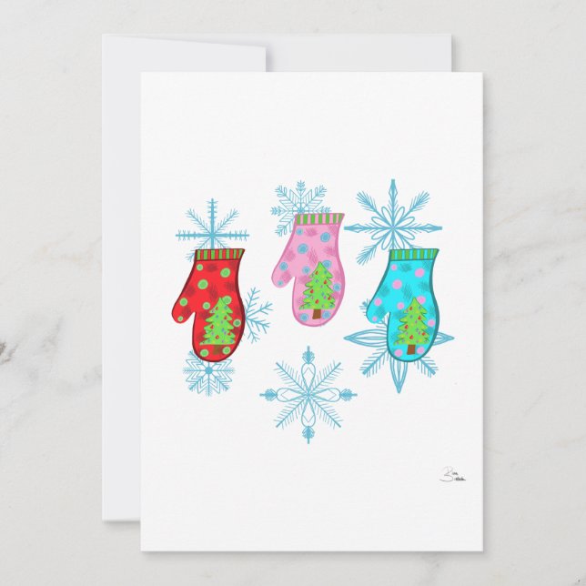 Tarjetas de Navidad planas de guantes de invierno  (Anverso)