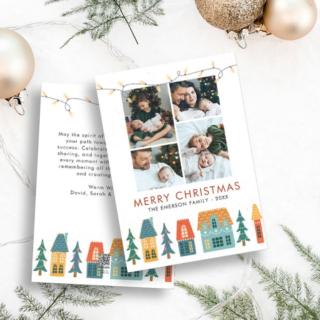 Tarjetas de Navidad Retro de Collage de Fotos (Holiday Retro Houses Family Photo Collage Merry Christmas Holiday Card)
