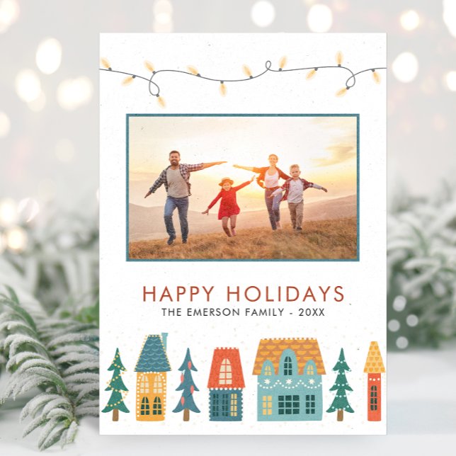 Tarjetas de Navidad Retro de Fotos Alegres (Family Photo Cute Holiday Retro Houses Christmas Cards by Painted Paperie)
