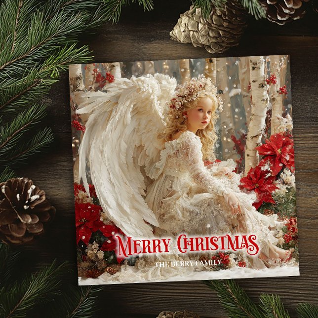 Tarjetas de Navidad rojas y blancas al estilo acua (Vintage Christmas angel editable holiday greeting card)