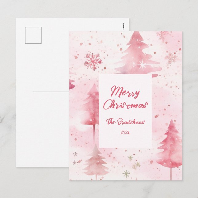 Tarjetas de Navidad Rosadas con Pinos (Anverso / Reverso)