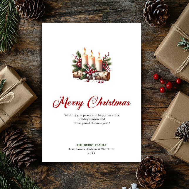 Tarjetas de Navidad rústicas con velas, acebo y pi (Rustic Christmas candles holly and pine card)
