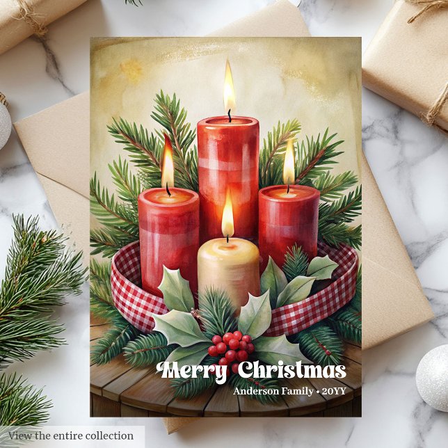 Tarjetas de Navidad rústicas con velas rojas y ver (Rustic Christmas bells card red green holiday charm

)