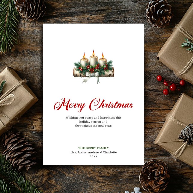 Tarjetas de Navidad rústicas con velas y ramas de  (Rustic Christmas candles pine branch holiday card)
