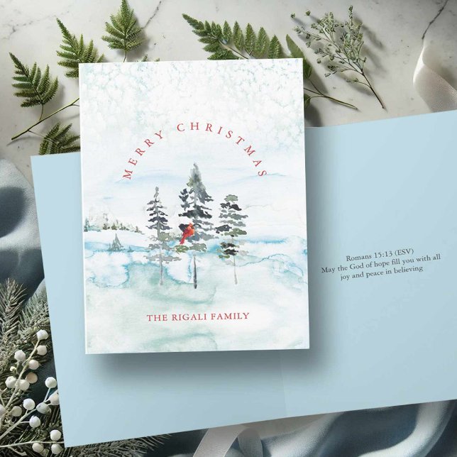 Tarjetas de Navidades acuarelas con verso de la Bi (Christmas card bible verses features watercolor snowy pine tree art & cardinal Victoria Grigaliunas)