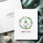 Tarjetas de Navidades acuáticas Wreath Beach<br><div class="desc">¡Pasa las vacaciones tropicales con esta tarjeta de Navidades de playa! Con mis originales Navidades de acuarela pintadas a mano vestidos con una camisa rosa de flamingo y un largo gorra festivo, está rodeado por una corona de vegetación y bayas rojas al estilo de una casa de campo con un...</div>