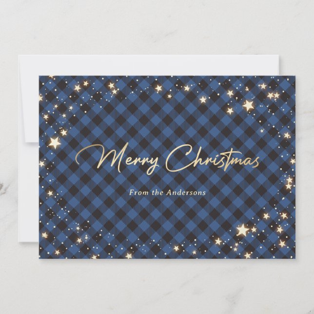 Tarjetas de Navidades Blue Buffalo Plaid Stars (Anverso)