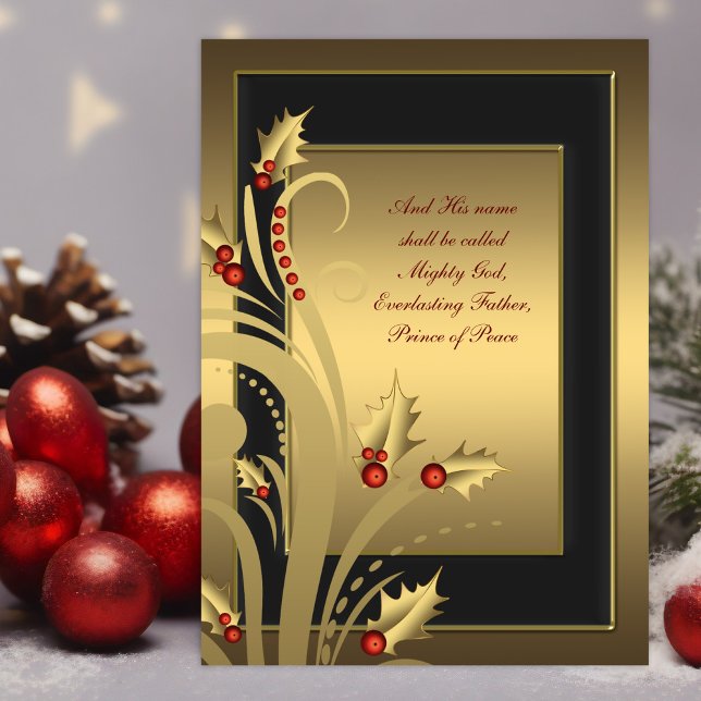 Tarjetas de Navidades cristianos Black Gold Holly (Christian Christmas card with red and gold holly on a black and gold background with scriptures.)