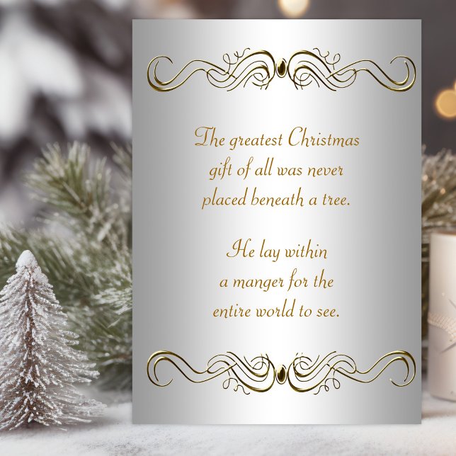 Tarjetas de Navidades cristianos de oro plateado (Christian Christmas card with elegant gold swirls and scriptures. )