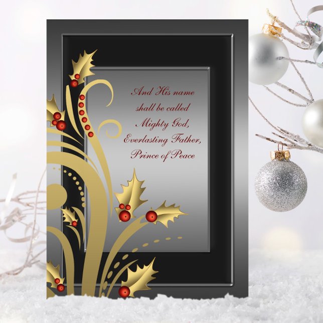 Tarjetas de Navidades cristianos Gold Holly (Christian Christmas card with elegant red and gold holly swirl.)