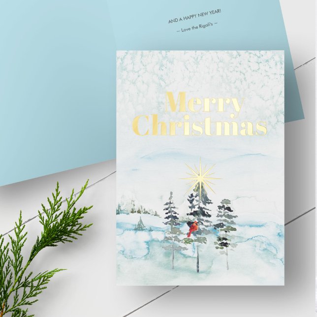 Tarjetas de Navidades de acuarela personalizado (Christmas cards watercolor pine trees and winter scene in blue with gold foil.)