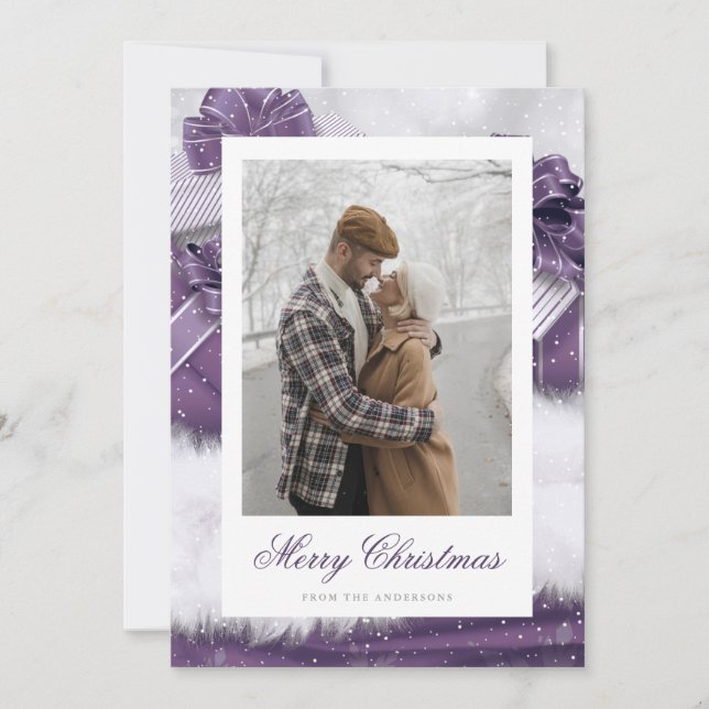 Tarjetas de Navidades de foto de regalo morado de  (Anverso)