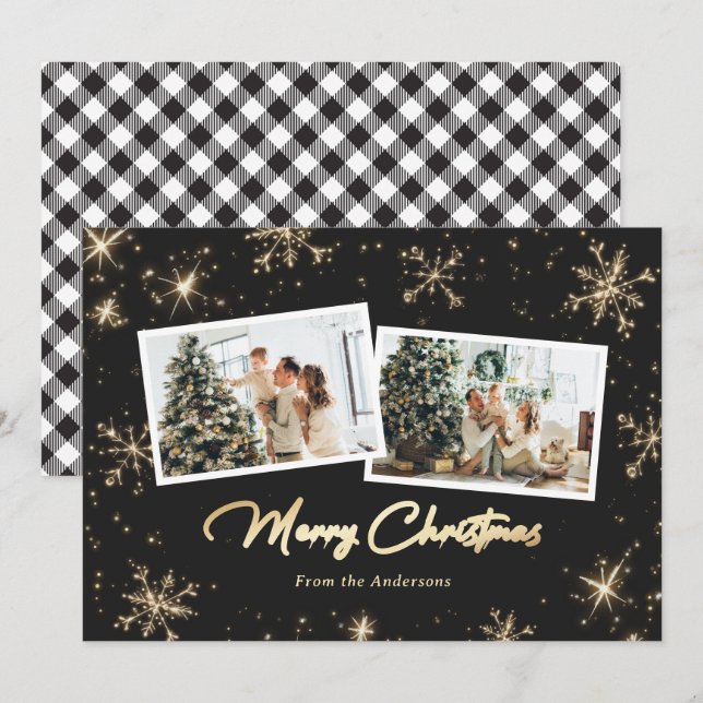 Tarjetas de Navidades de fotos Black White Gold pa (Anverso / Reverso)