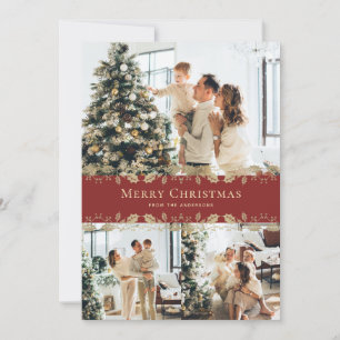 Tarjetas de Navidades de fotos de Red Gold Holly m