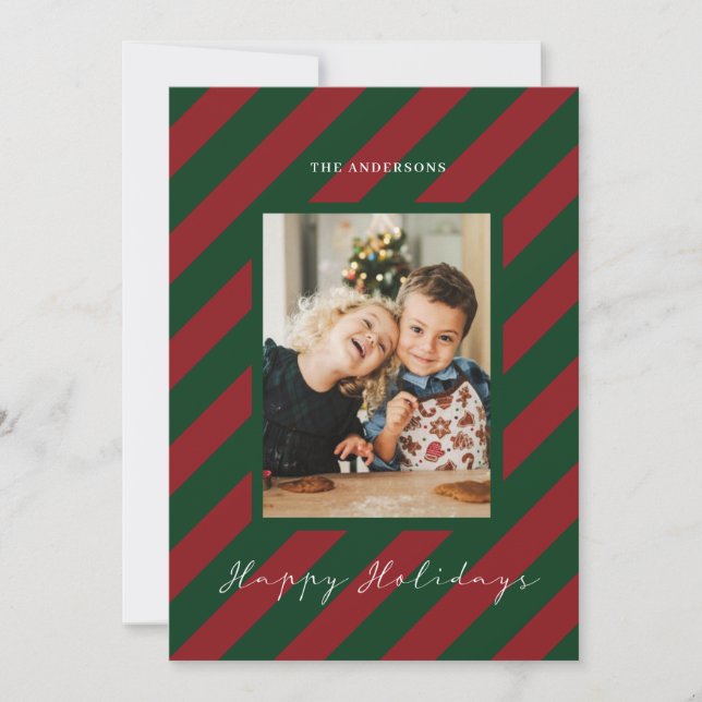 Tarjetas de Navidades de fotos rayadas rojas y mod (Anverso)