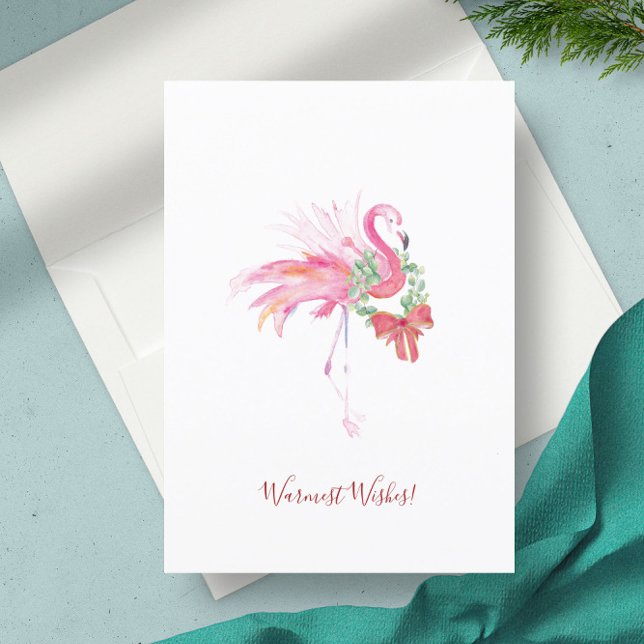 Tarjetas de Navidades de playa no fotográficas de  (Christmas card Florida beach pink flamingo watercolor art by Victoria Grigaliunas)