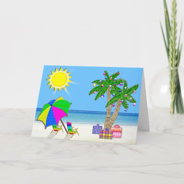 Tarjetas de Navidades de playa, palmeras alegres,  (Anverso)