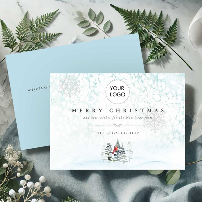 Tarjetas de Navidades empresariales con logotipo (Business Christmas cards with logo blue winter scene with pine trees and a red cardinal.)