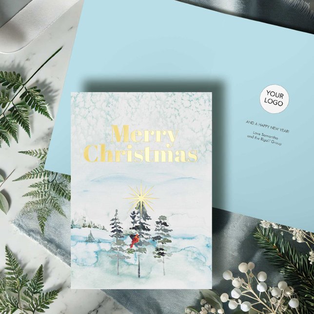 Tarjetas de Navidades empresariales con logotipo (Business Christmas cards with logo folded watercolor pine trees with red cardinal wintery blue scene)