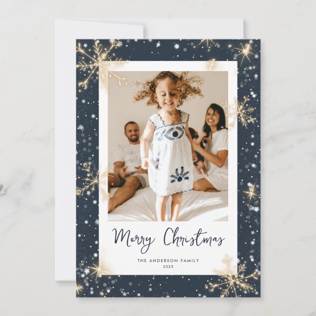 Tarjetas de Navidades fotográficos Blue Sparkly Sn (Anverso)