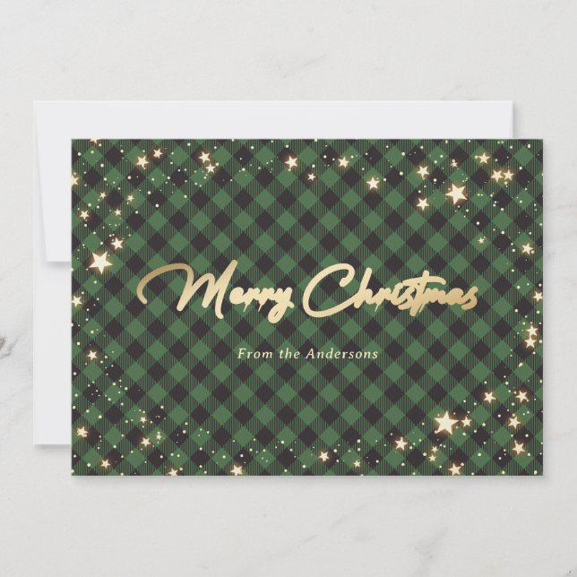 Tarjetas de Navidades Green Buffalo Plaid Stars (Anverso)