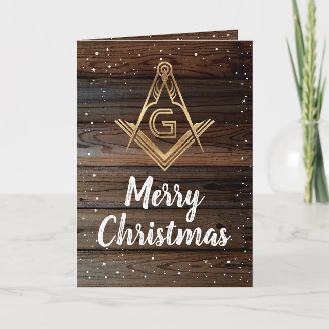 Tarjetas de Navidades masónicos Rustic Wood Gold (Anverso)