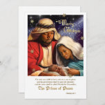 Tarjetas de Navidades planos de arte de la nativid<br><div class="desc">El Príncipe de la Paz. Feliz Navidad. Pintura de la Sagrada Familia Afroamericana | Arte de Natividad afroamericana con texto de Relieve metalizado de oro y detalles Navidades personalizados Cartas de Saludo Plano Religioso con verso de Biblia "Para nosotros nace un niño, para nosotros se nos da un hijo: y...</div>