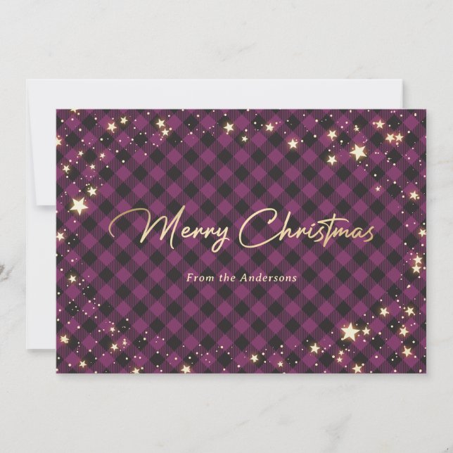 Tarjetas de Navidades Purple Buffalo Plaid Stars (Anverso)