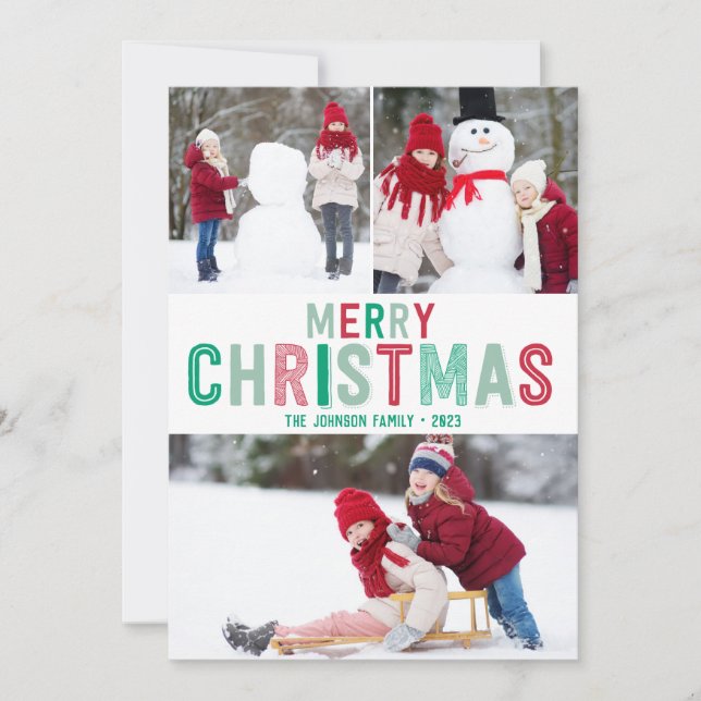 Tarjetas de Navidades rojas y verdes con tres imág (Anverso)