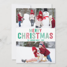 Tarjetas de Navidades rojas y verdes con tres imág