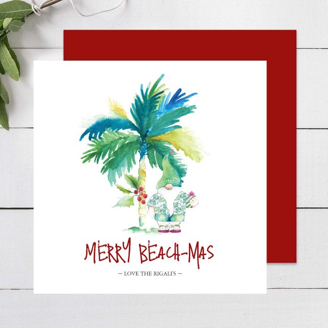 Tarjetas de Navidades Tropical Beach (Tropical beach Christmas cards feature unique palm tree & elf watercolor art by Victoria Grigaliunas)