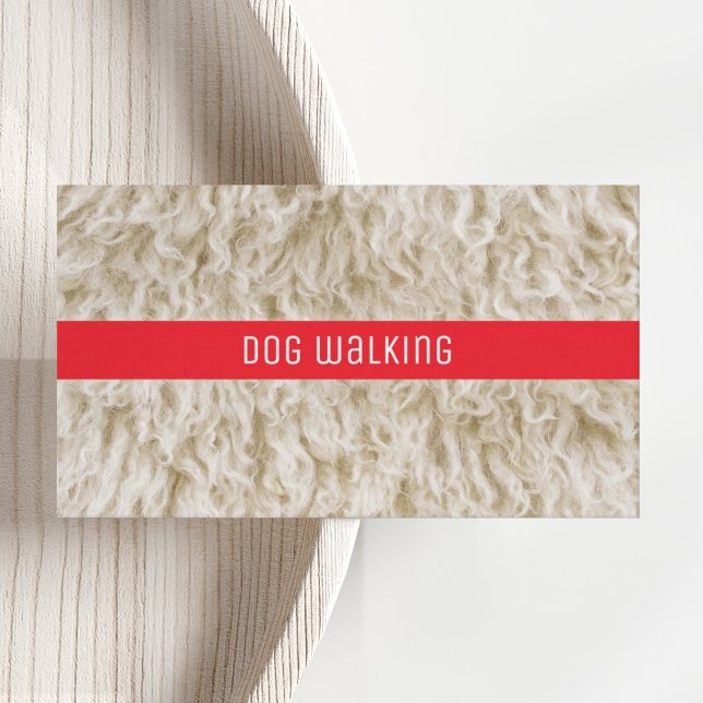 Tarjetas de Negocio de Cuidado de Animales Groomer (Modern Professional Branding for Dog Walking Business Cars, with colorful red and white fur photo.)
