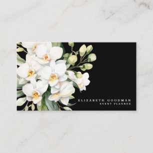 Tarjetas de Negocio Negras con Orquídeas Blancas M