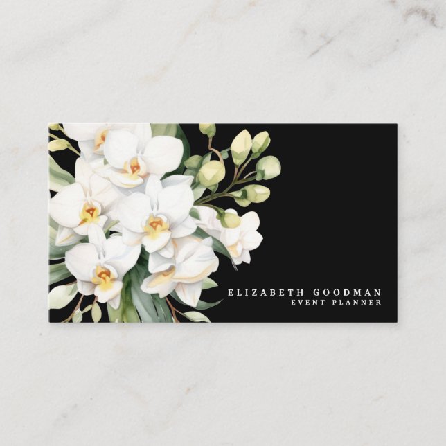 Tarjetas de Negocio Negras con Orquídeas Blancas M (Anverso)