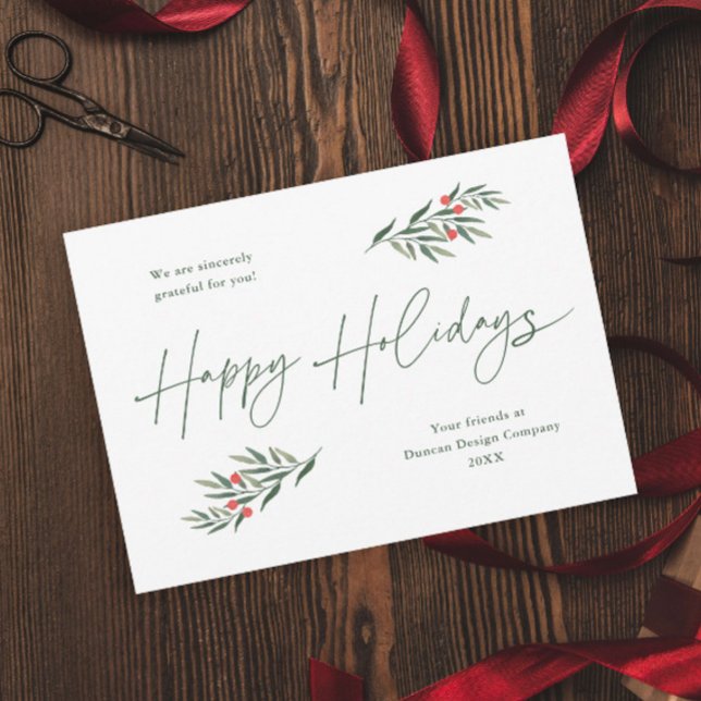 Tarjetas de negocios de hojas de verde simple para (A simple script greenery leaves green and red business holiday magnetic card.)