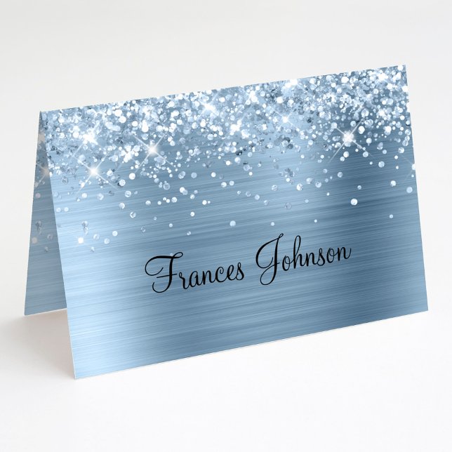 Tarjetas de nombre azules con brillo para doblar (Fold Your Own Glittery Blue Name Place Cards)