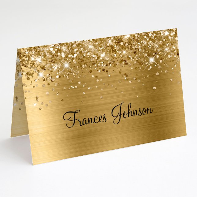 Tarjetas de nombre con brillo dorado para doblar (Fold Your Own Glittery Gold Name Place Cards)