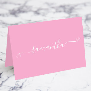 Tarjetas de nombre con lazo rosa y blanco con firm