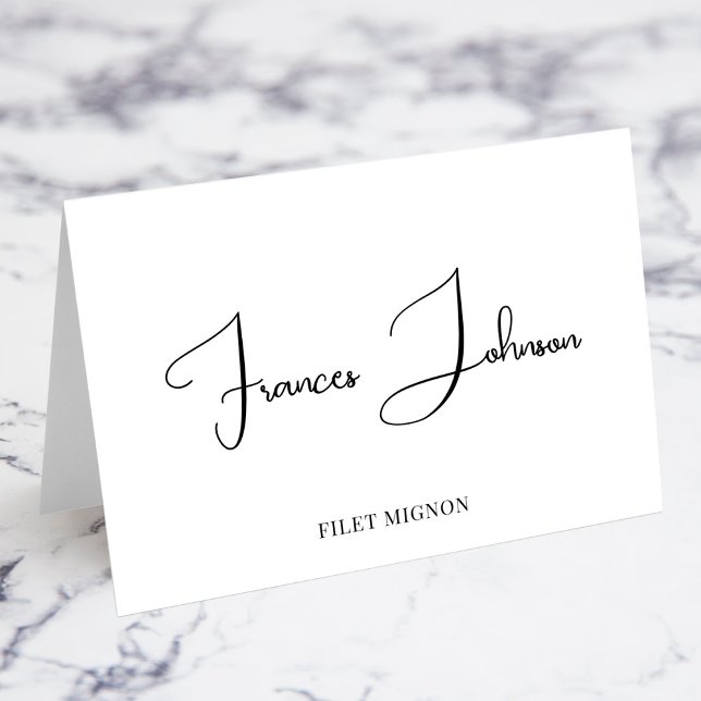 Tarjetas de nombre de elección de comida con letra (Bettina Decorative Script Individual Place Cards with Meal Choice Option in ALL CAPS)