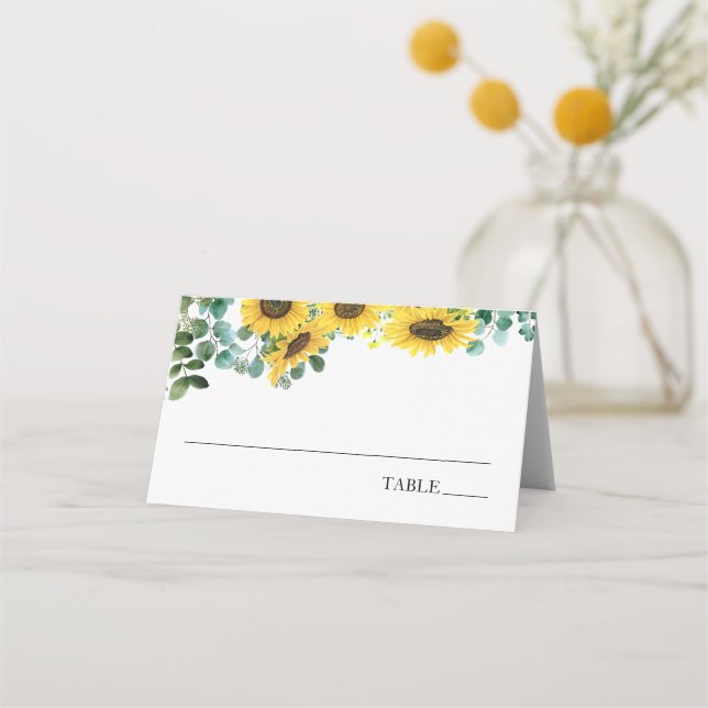 Tarjetas de nombre de girasoles y eucalipto (Anverso)
