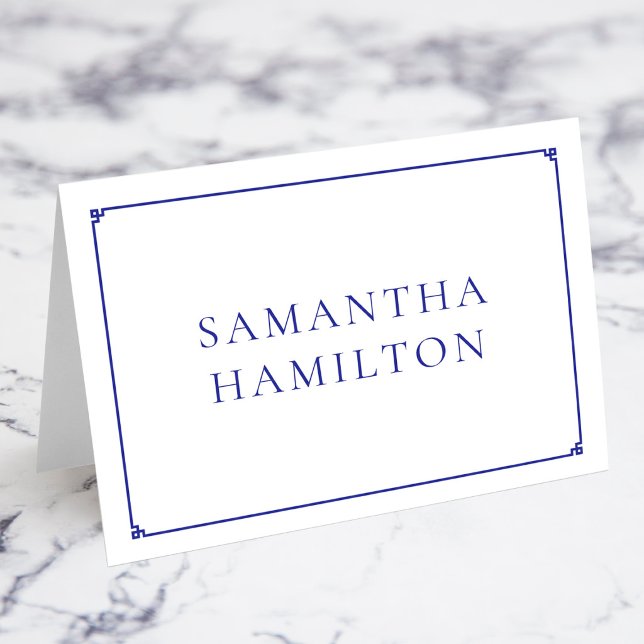 Tarjetas de nombre de lugar con borde de llave gri (Blue Thin Line Greek Key Border Name Place Cards)