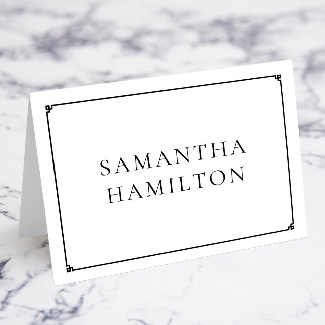 Tarjetas de nombre de lugar con borde de llave gri (Black Thin Line Greek Key Border Name Place Cards)