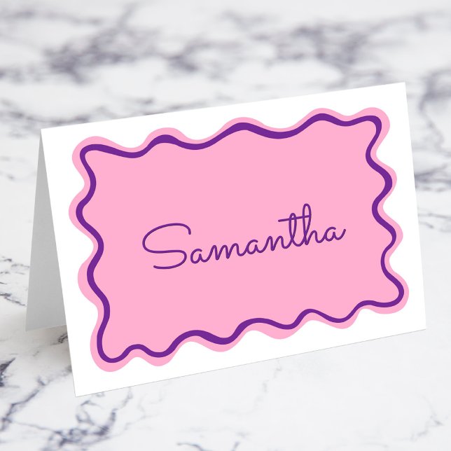 Tarjetas de nombre de lugar con borde ondulado ros (Royal Purple Pink Wavy Border Name Place Cards)