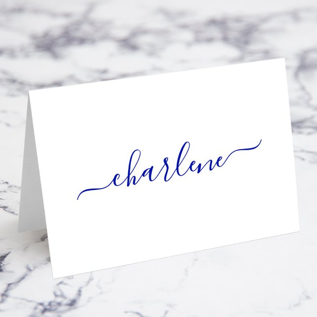 Tarjetas de Nombre de Lugar con Firma Elegante Azu (Royal Blue Elegant Signature Name Place Cards)