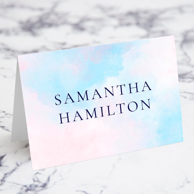 Tarjetas de nombre de lugar de acuarela de nubes r (Pastel Pink and White Clouds Sky Blue Watercolor Cormorant Font Name Place Cards)