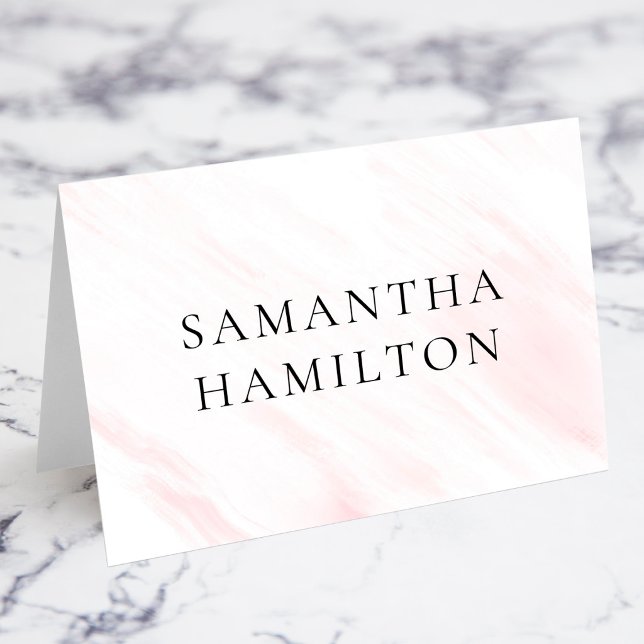 Tarjetas de nombre de lugar de mármol rosa CO (Faux White and Pink Marble Streaks Cormorant Font Name Place Cards)