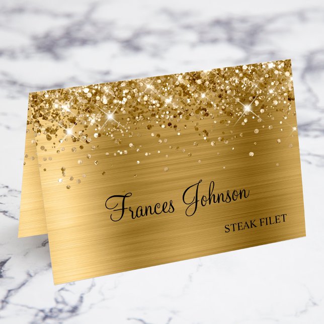 Tarjetas de nombre de opción de comida con brillo  (Glittery Gold Meal Choice Name Place Cards)
